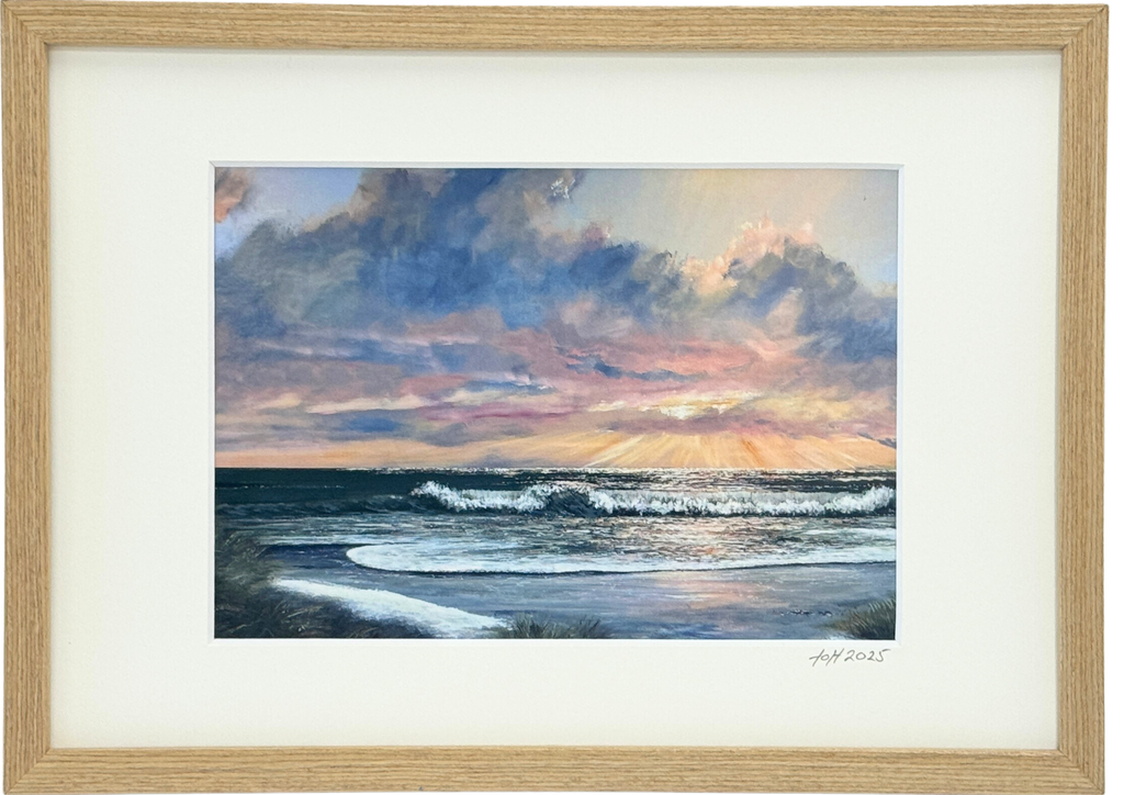 Kølig morgen på Sønderstrand - Kunstkort af Billedkunstner Gitte Toft i smuk egeramme.